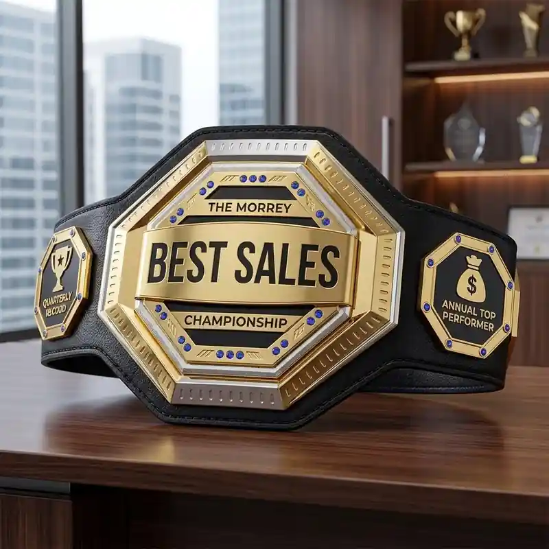 Gold best sales championship belt trophy with Quarterly Record and Annual Top Performer side plates, displayed in a corporate office setting