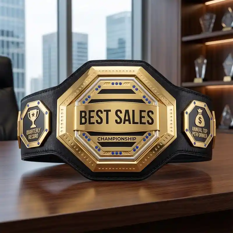 Gold best sales championship belt trophy with Quarterly Record and Annual Top Performer side plates, displayed on an executive office desk