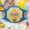 Blue children’s champion belt trophy with Future Star center plate and Big Winner and Super Player side plates, designed for kids awards and activities