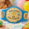 Blue children’s championship belt trophy with colorful cartoon design, featuring Future Star and Big Winner side plates, designed for kids rewards