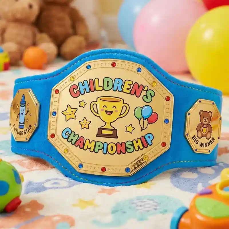 Blue children’s championship belt trophy with colorful cartoon design, featuring Future Star and Big Winner side plates, designed for kids rewards
