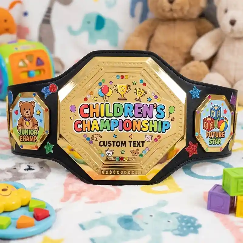 Colorful children’s championship belt trophy with custom text, Junior Champ and Future Star side plates, designed for kids awards and school events