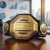 Gold best sales champion belt trophy with custom text, featuring Top Performer and Record Breaker side plates on an office desk background