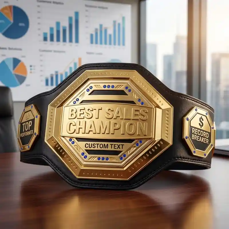Gold best sales champion belt trophy with custom text, featuring Top Performer and Record Breaker side plates on an office desk background