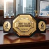 Gold best sales championship belt trophy with custom text, featuring Top Performer and Record Breaker side plates, displayed in a corporate office setting