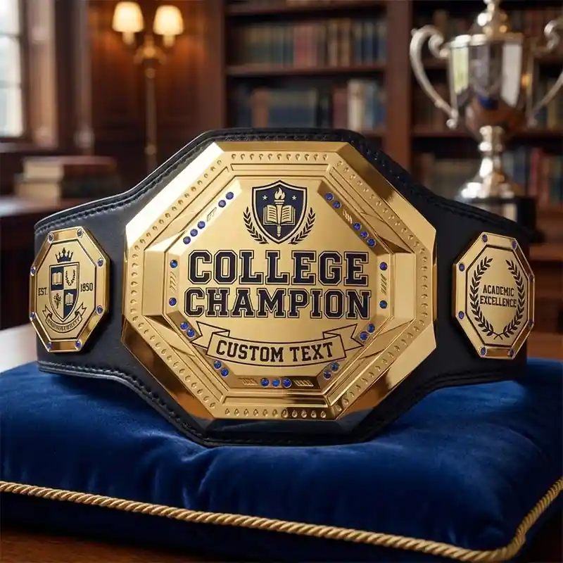 Gold college champion belt trophy with custom text and academic excellence side plates, displayed in a library setting