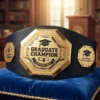 Gold graduate champion belt trophy with custom text, academic excellence and Class of 2024 side plates, displayed in an academic setting