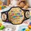 Colorful youth championship belt trophy with custom text, junior champ and future star side plates, designed for kids awards