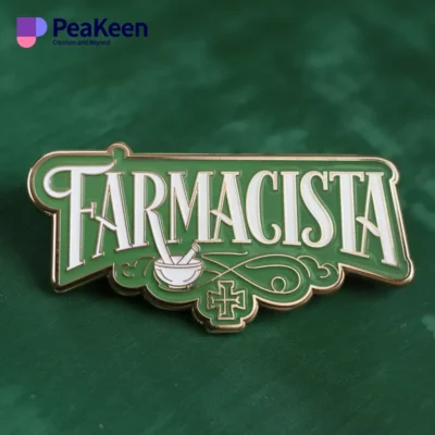 A close-up of a pin featuring the word "farmacista" in bold letters, symbolizing the pharmacy profession.