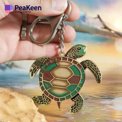 Metal turtle keychain featuring a peeking turtle design, perfect for adding charm to your keys or bag.