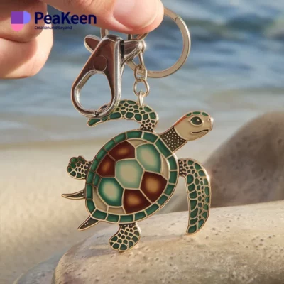 A hand displaying a metal turtle keychain, emphasizing a distinctive and whimsical piece of jewelry.