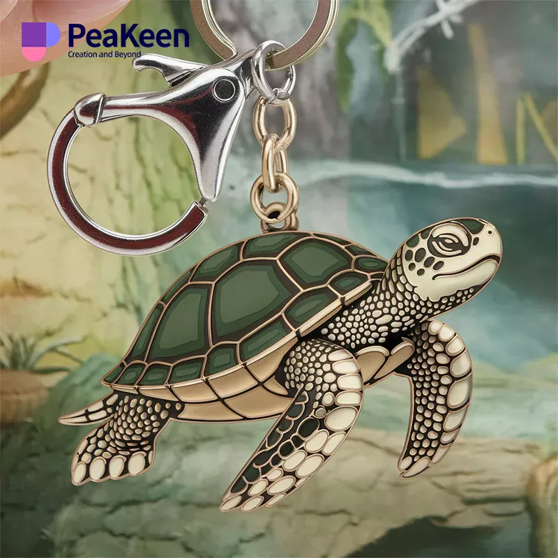 A metal keychain featuring a detailed turtle design, perfect for animal lovers and accessory enthusiasts.