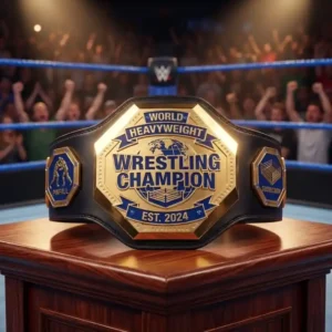 Gold world heavyweight wrestling champion belt with EST. 2024 center plate and pinfall and submission side plates, displayed in a wrestling ring arena