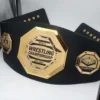 Gold world wrestling championship belt with EST. 2024 center plate and champion side plates, displayed in a studio setting