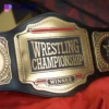 An ornate wrestling championship belt showcasing a central emblem, signifying triumph and excellence in the sport of wrestling.