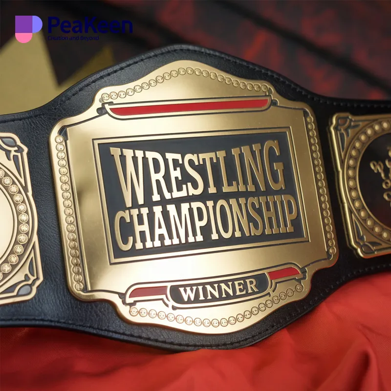 A shiny wrestling championship belt adorned with decorative elements, representing achievement and excellence in wrestling competitions.