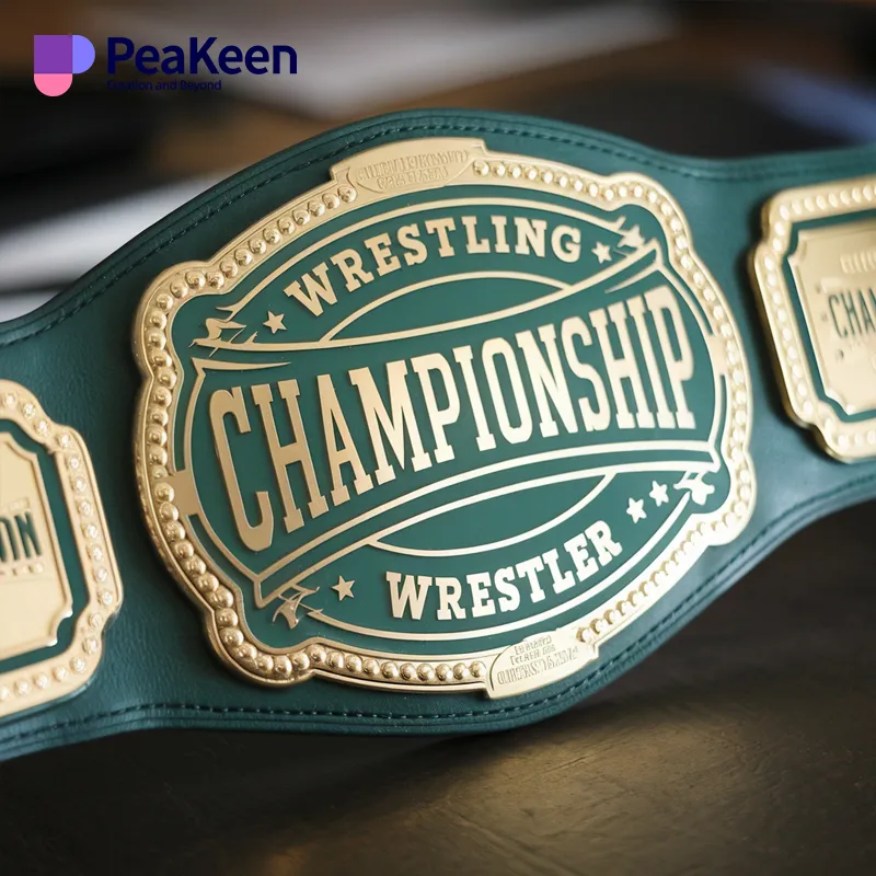 A detailed wrestling championship belt featuring intricate designs and a prominent center plate, symbolizing victory in the sport.