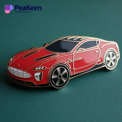 A vibrant red sports car pin adorned with a bold black and white stripe.