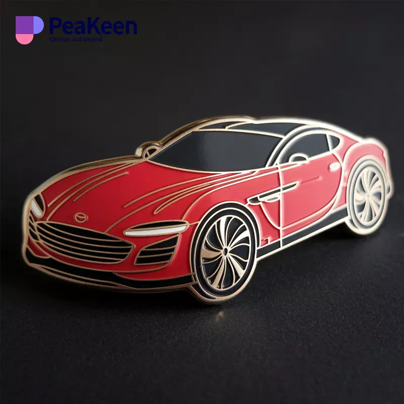 A red sports car pin displayed against a sleek black background, highlighting its vibrant color and design.