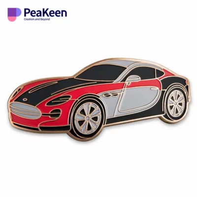 A vibrant red and black sports car pin set against a white background, highlighting its stylish and dynamic appearance.