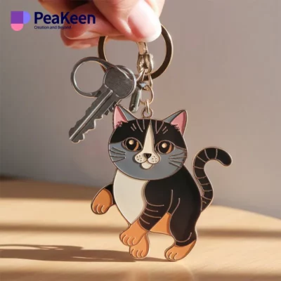 Metal cat keychain featuring a cute design, attached to a sturdy keyring for easy carrying.