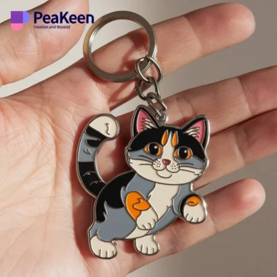 A charming metal keychain showcasing a cat face, ideal for adding a playful touch to your keys.