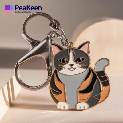 A metal keychain featuring a charming cat design, perfect for holding keys and adding a touch of personality.