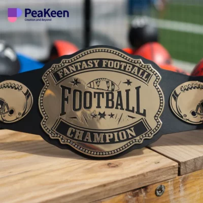 A decorative belt inscribed with "Fantasy Football Champion," symbolizing victory in fantasy football leagues.