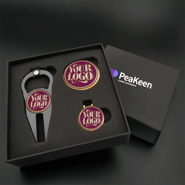 Golf gift set featuring a bottle opener and golf ball, elegantly presented in a stylish gift box.