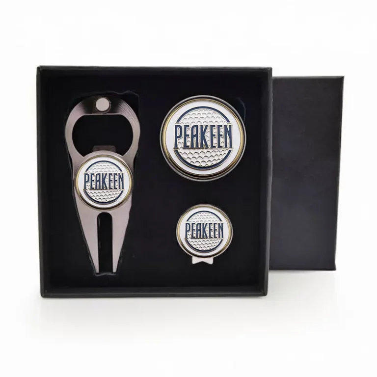 Golf gift set featuring a bottle opener, perfect for enthusiasts, elegantly packaged in a stylish gift box.