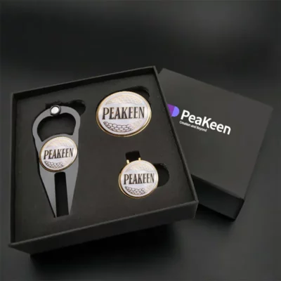 PeaKeen golf gift set displayed in an elegant gift box, ideal for celebrating a golfer's passion and style.