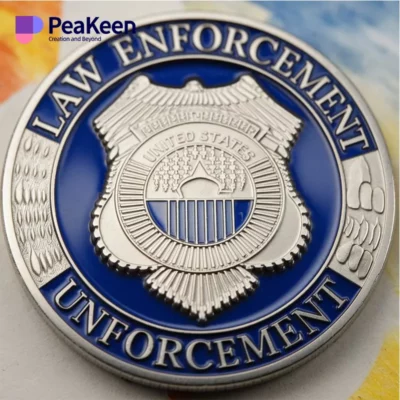 A law enforcement challenge coin displayed prominently on a white background, symbolizing honor and service in the community.