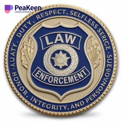 A close-up of a law enforcement challenge coins, symbolizing dedication and service in the community.