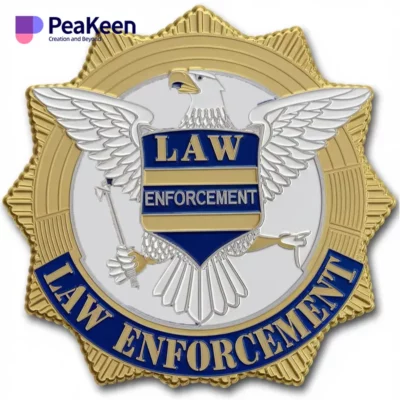 A law enforcement challenge coin set against a white background, representing honor and commitment in public service.