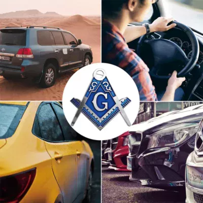 A collage of images depicting a car with Masonic emblems, highlighting the connection between vehicles and Masonic symbolism.