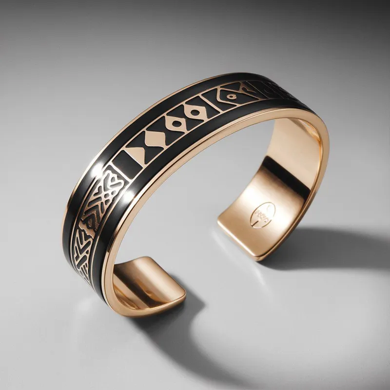 A stylish cuff bracelet made of soft enamel, adorned with a striking black and gold design for a contemporary look.