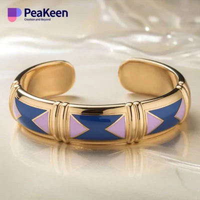 A gold and purple geometric cuff bracelet featuring a soft enamel finish, showcasing a modern and elegant design.