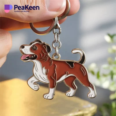 Close-up of a person grasping a metal keychain shaped like a dog, symbolizing love for pets.