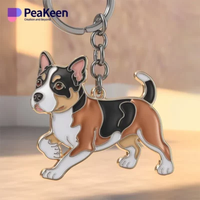 A metal keychain displaying a dynamic image of a dog running, symbolizing playfulness and vitality.