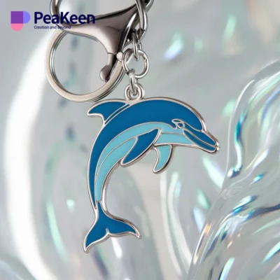 Metal dolphin keychain featuring a blue and white design, perfect for ocean lovers and as a stylish accessory.