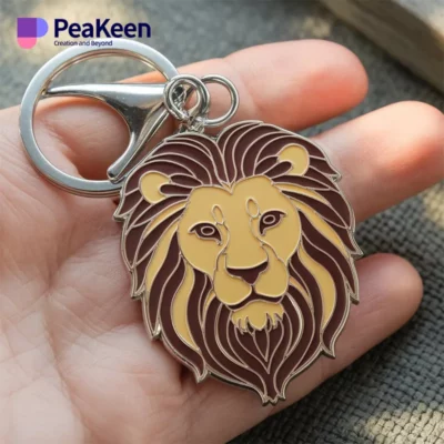 Close-up of a hand gripping a metal lion keychain, highlighting its detailed craftsmanship and vibrant metallic sheen.