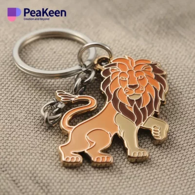 A metal lion keychain featuring a detailed lion design attached to a sturdy metal chain.