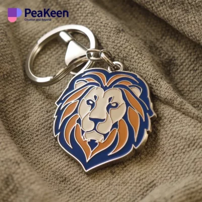 A colorful metal keychain shaped like a lion, showcasing a striking blue and orange color scheme.