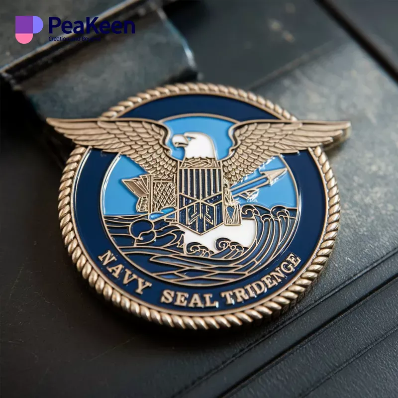 Navy SEAL badge displayed on a black leather case, featuring a challenge coin for commemorative purposes.