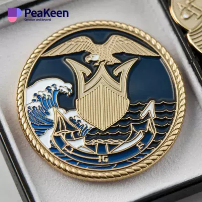 Customized navy seal challenge coin featuring an eagle and waves, symbolizing strength and honor in military service.