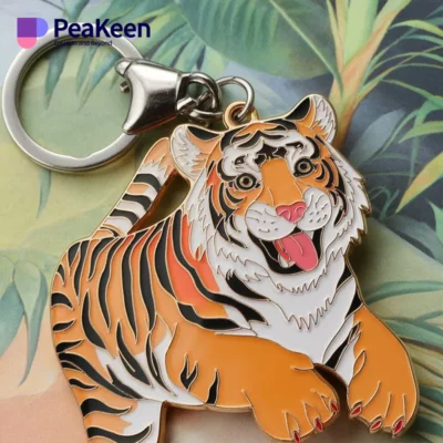 Soft enamel tiger keychain on a green backdrop, emphasizing the keychain's artistic features and bright colors.