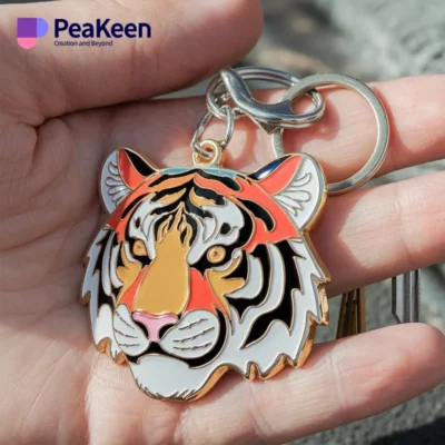 A hand showcases a vibrant soft enamel keychain shaped like a tiger's face.