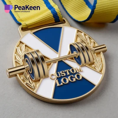 A gold medal with a custom logo, representing a weightlifting achievement and celebrating athletic success.