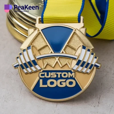 Custom-designed gold medal for weightlifting, complete with a blue ribbon, highlighting success and athletic prowess.