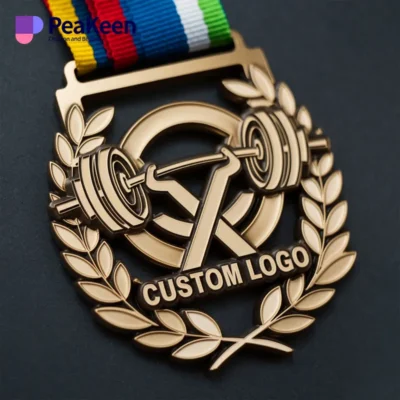 Weightlifting medal showcasing a custom logo and a barbell, symbolizing strength and accomplishment.